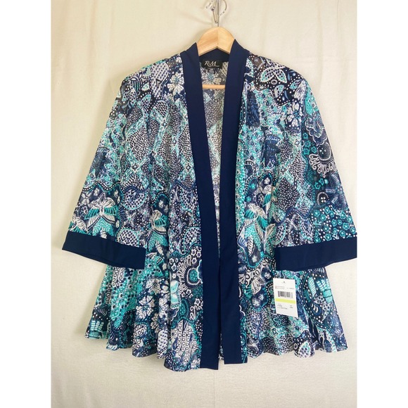 Rm Richards Sweaters - RM Richards Womens Teal Navy Paisley Metallic Open Front Kimono Cardigan NWT